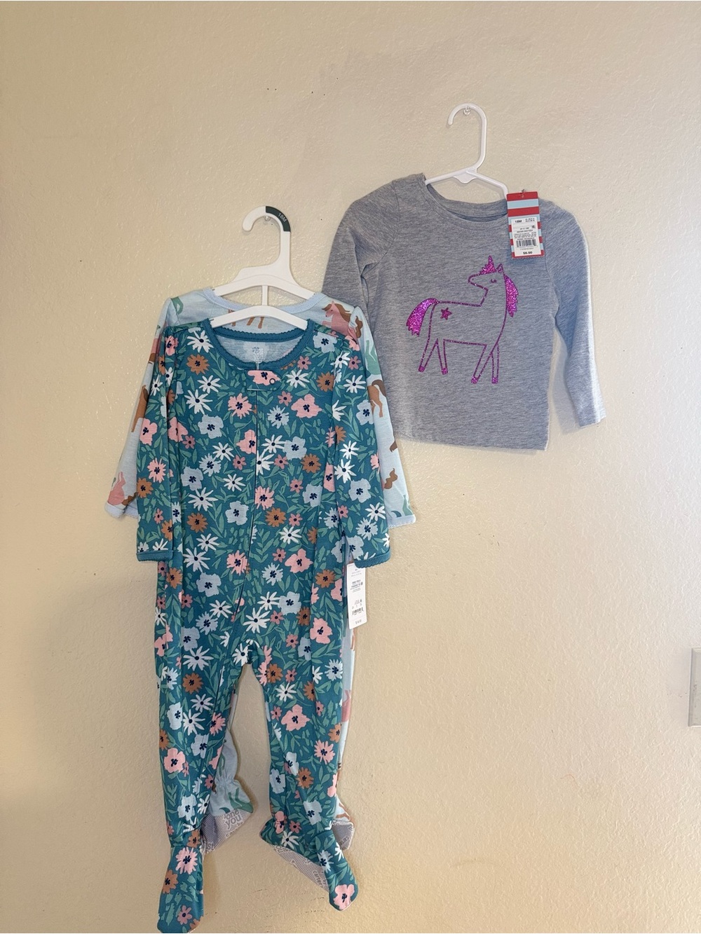 Cat & Jack Teal Floral Footed Pajama and Gray Unicorn Top Set